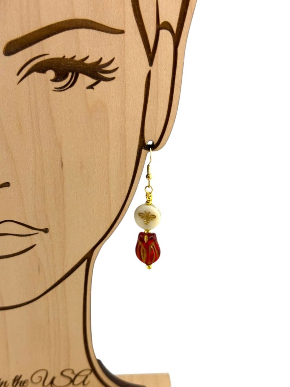 Czech Glass Bee Tulip Earrings Garnet Red Floral Dangle Cottagecore Boho - Picture 7 of 10